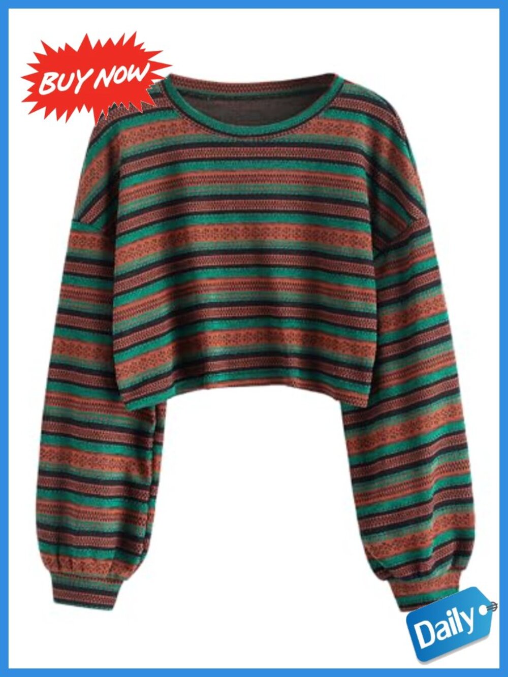 Tribal Ethnic Graphic Cropped Knit Pullover Sweater Long Sleeve